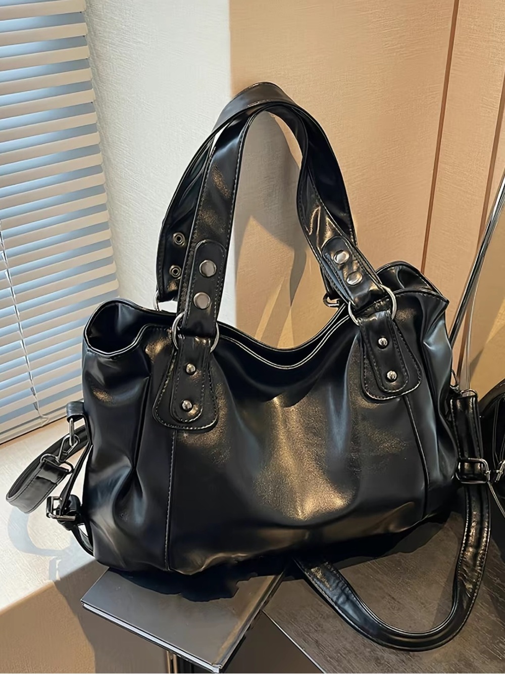 Vintage Classic Black Shoulder Bag with Polished Accent Hardware